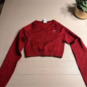 lGymshark red rouched vital seamless crop long sleeve top in size med